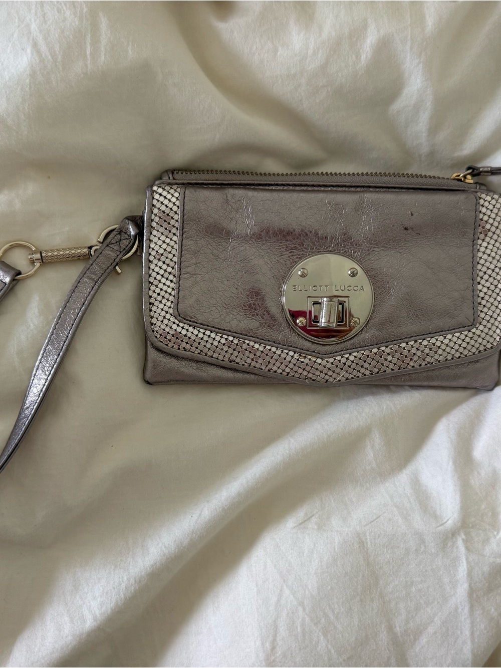 Elliott Lucca Silver Metallic Wristlet with Textured Trim